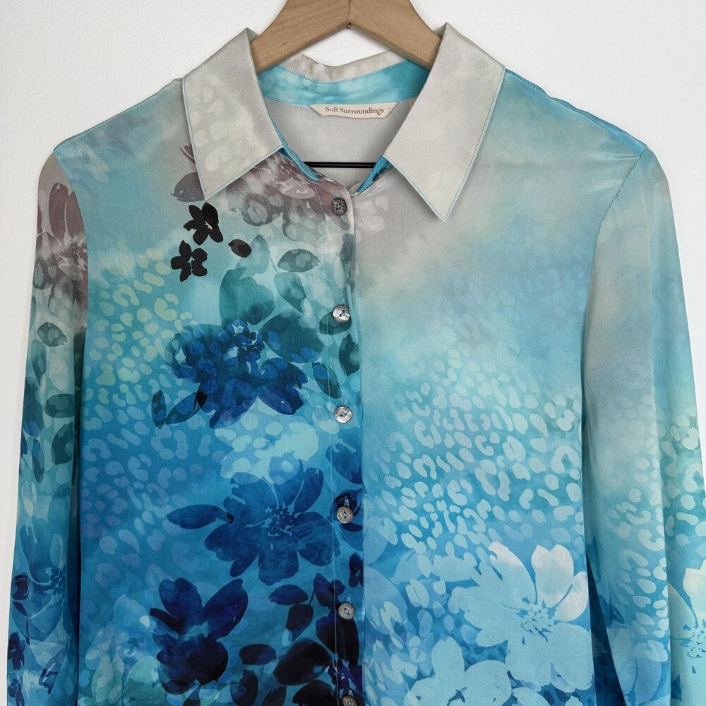 Soft Surroundings Shirt Womens Large Blue Floral Silk Button Long Sleeve Tunic